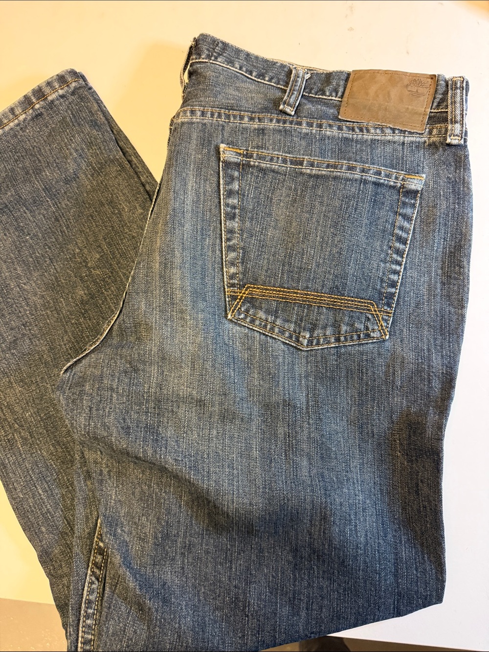 Timberland Men's Blue Denim Jeans with Tan Leather Waist Patch